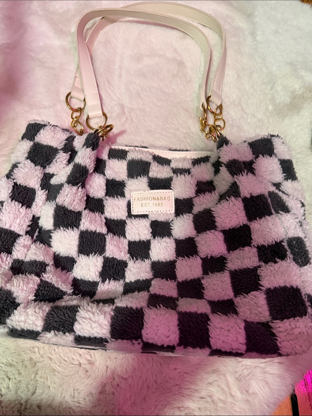 Faux Plush Checkerboard Tote in Pink and Black with Cream Straps